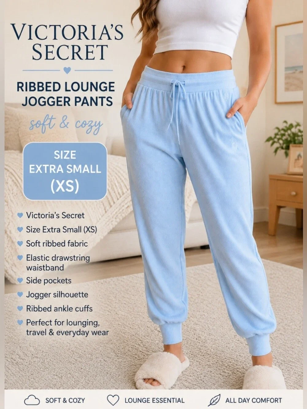 Victoria's Secret Ribbed Lounge Jogger Sweatpants XS Baby Blue Soft Cozy Velour